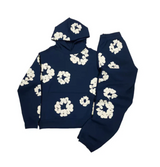 donkerblauw unisex joggingpak met bloemenprint
