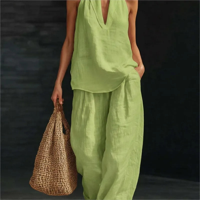 Leinen-Set Damen Sommer Neckholder-Top und Hose – Marisol von Talaine, Detailaufnahme