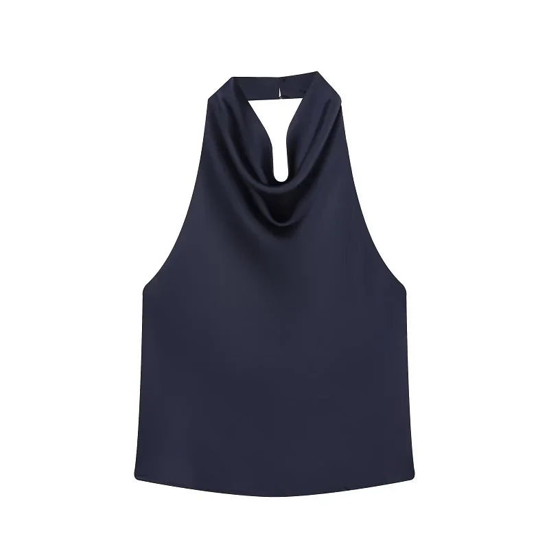 Satin Neckholder-Top Damen Marineblau mit offenem Rücken – Lacey von Talaine, Farbansicht Marineblau