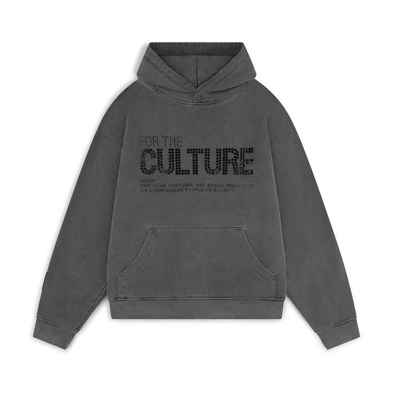 grauer hoodie mit strassschriftzug for the culture