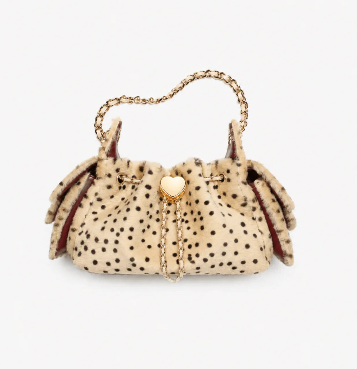 Beige Faux-Fur-Schultertasche mit Leopardenprint und goldener Kette