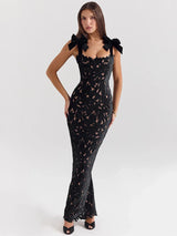 Elegantes schwarzes Spitzen-Maxikleid für Damen