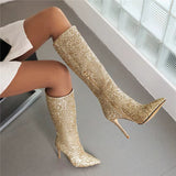 Lunéa Glitz Boots | Kniehohe Glitzerstiefel mit Spitze & Stilettoabsatz