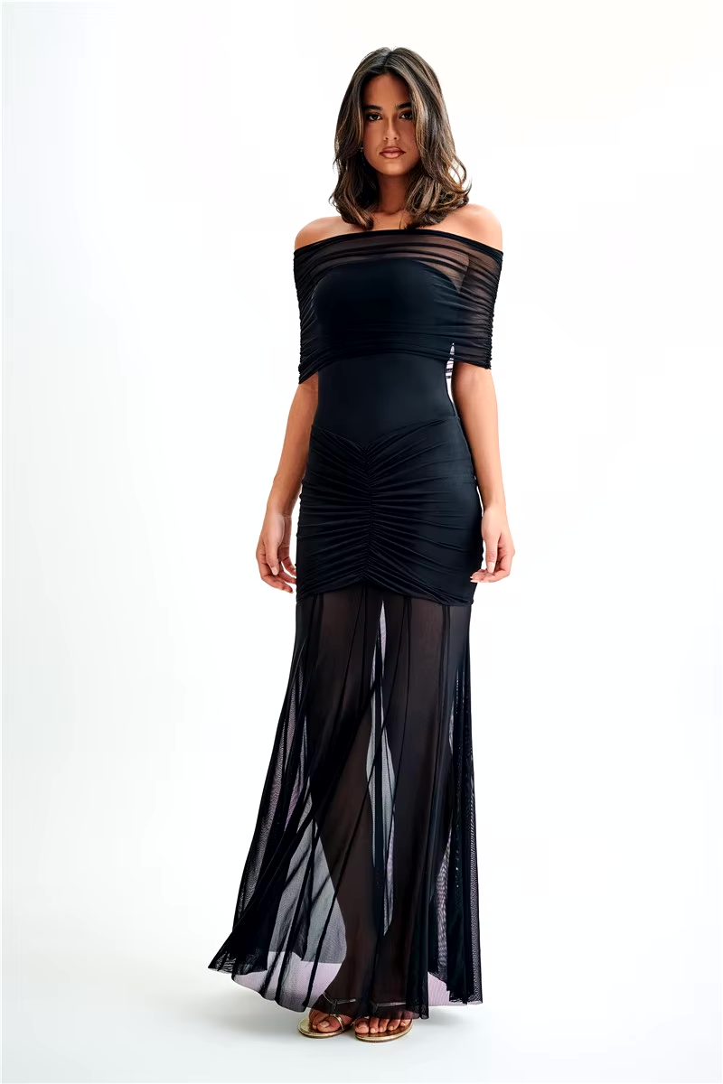 Mystique | Maxi Kleid mit Off-Shoulder Mesh & Eleganter Passform