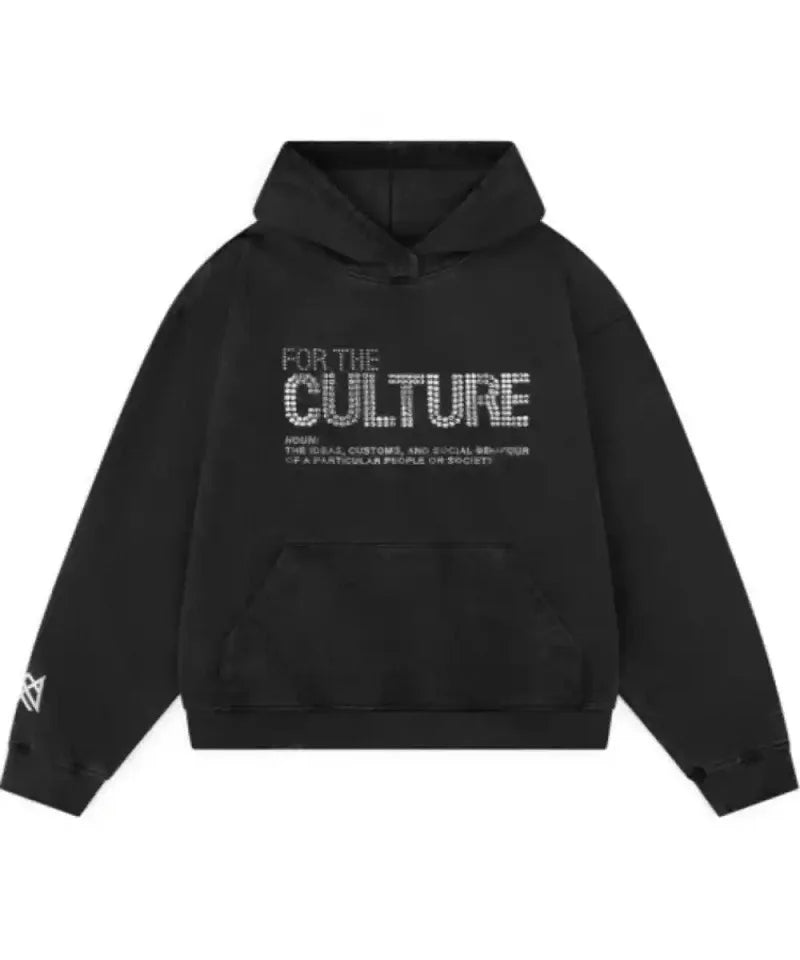 schwarzer hoodie mit rhinestone schrift for the culture
