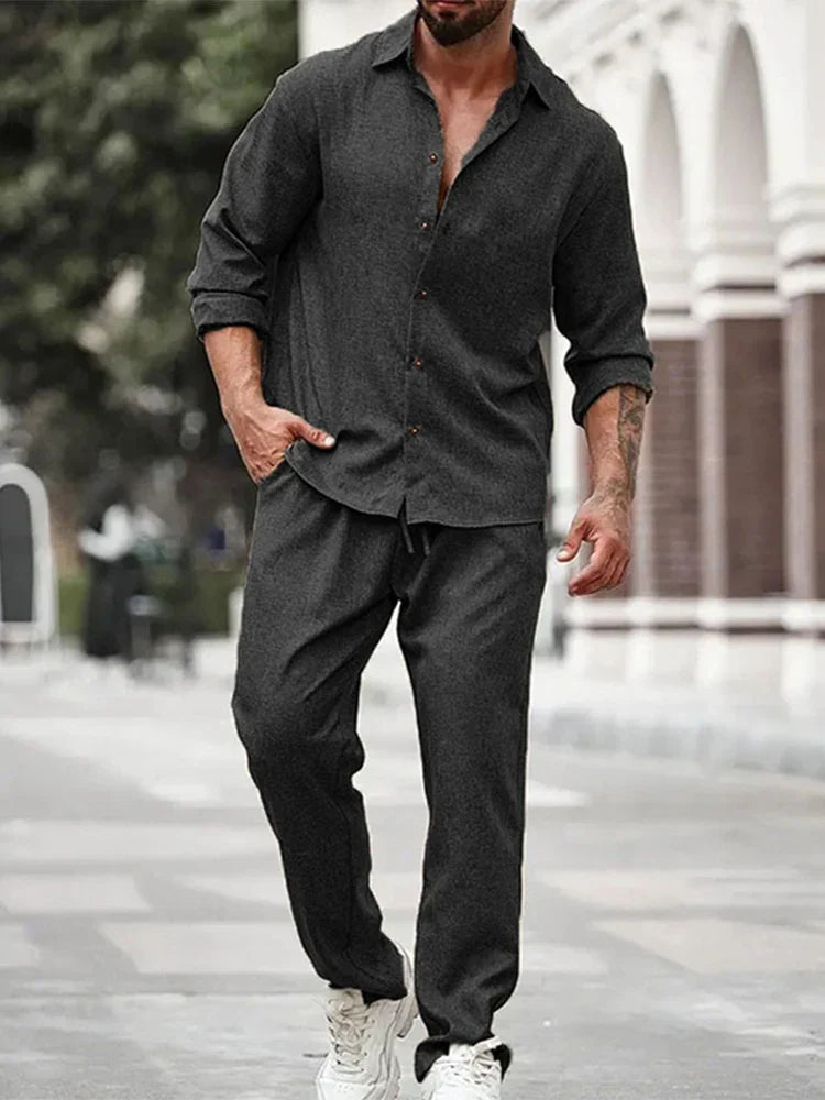 Streetstyle look in linnenlook tweedelige set