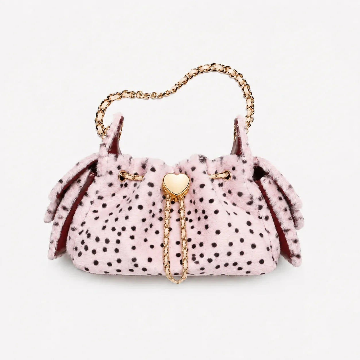 Rosa Faux-Fur-Schultertasche mit Leopardenprint und goldenem Herzverschluss