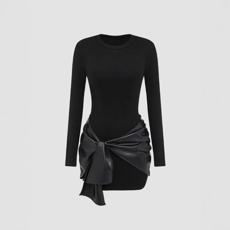 Schwarz Damenkleid mit langen Ärmeln und Lederoptik