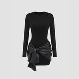 Schwarz Damenkleid mit langen Ärmeln und Lederoptik