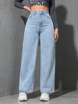 Lunira Wide-Leg-Jeans in Hellblau – Detail-Flatlay mit hohem Bund