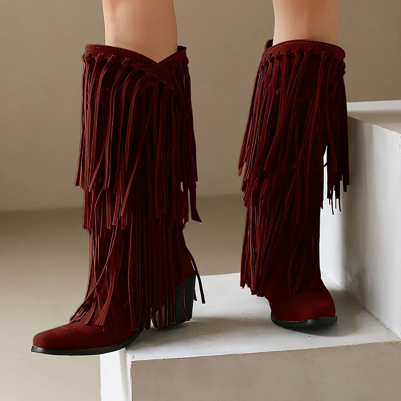 DesertSoul Fringe Boots Damen rot hoch mit Fransen
