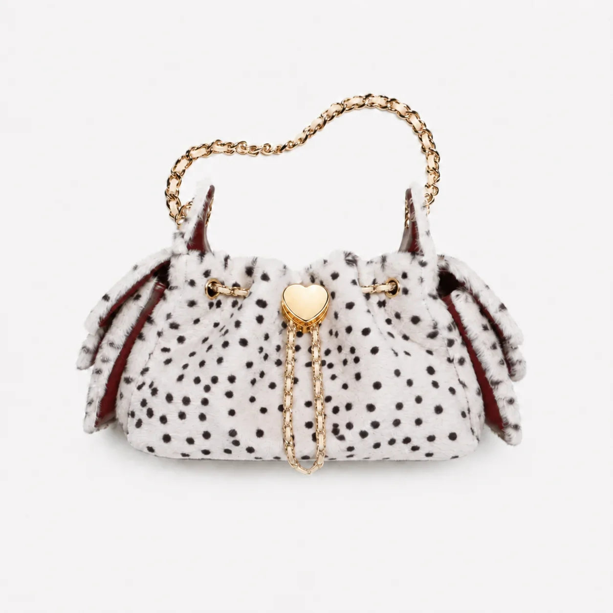 Cremeweiße Faux-Fur-Schultertasche mit Leopardenprint und Goldkette