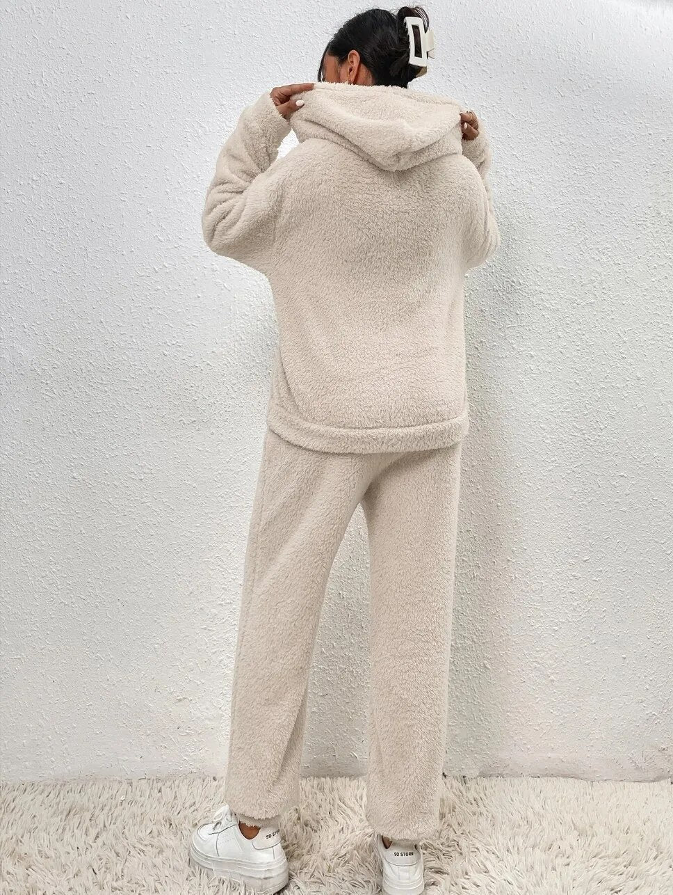 Beige Teddy Fleece Hausanzug mit Kapuze für Damen