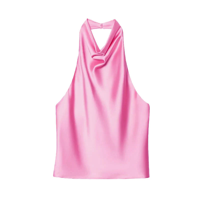 Satin Neckholder-Top Damen Rosérot mit offenem Rücken – Lacey von Talaine, Farbansicht Rosérot