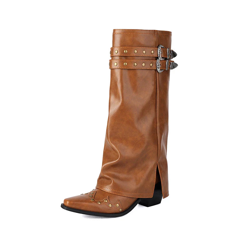 cognac Cowboy-Stiefel mit Schaft-Schlitz und Metall-Schnallen – sitzender Look