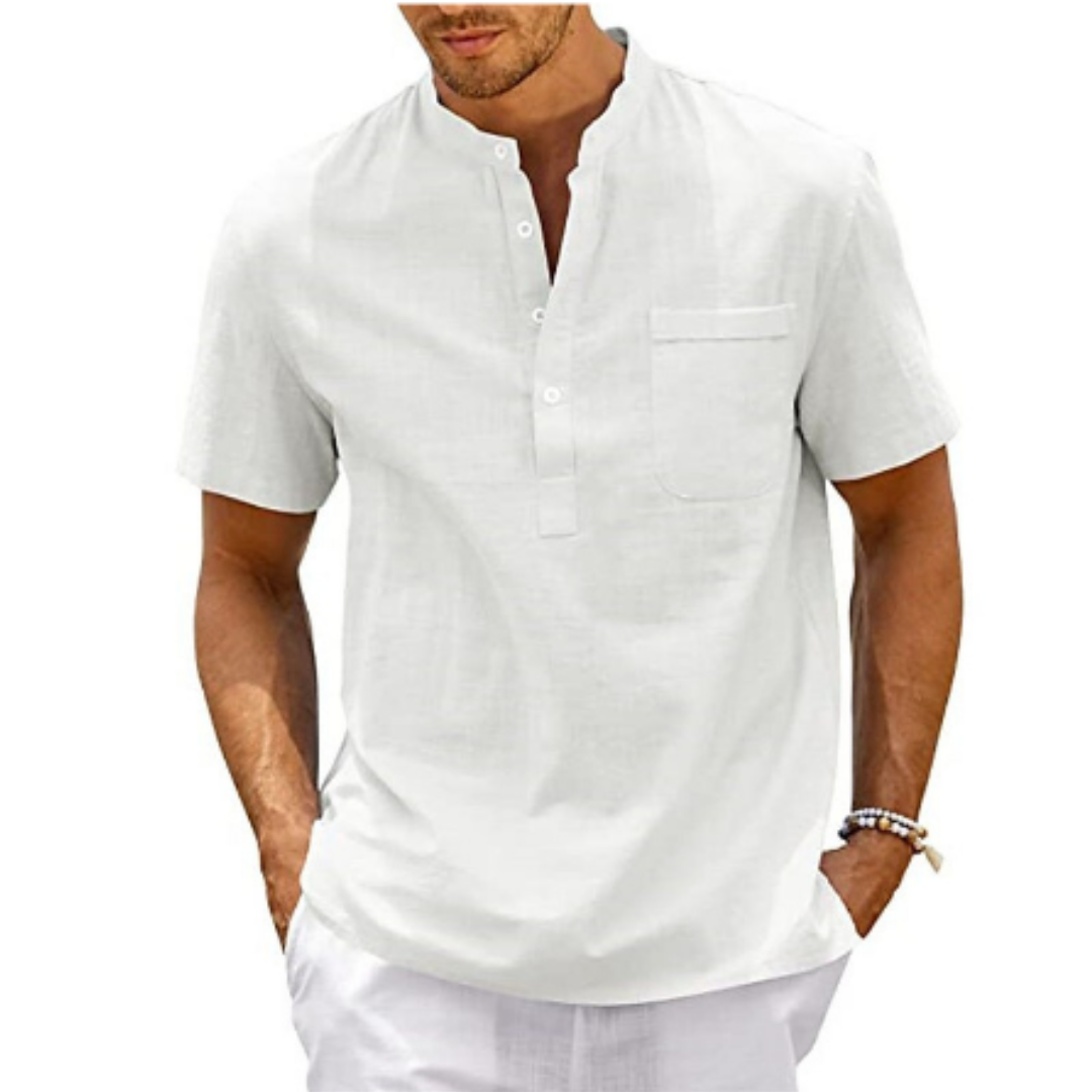Witte herenblouse met korte mouwen en opstaande kraag