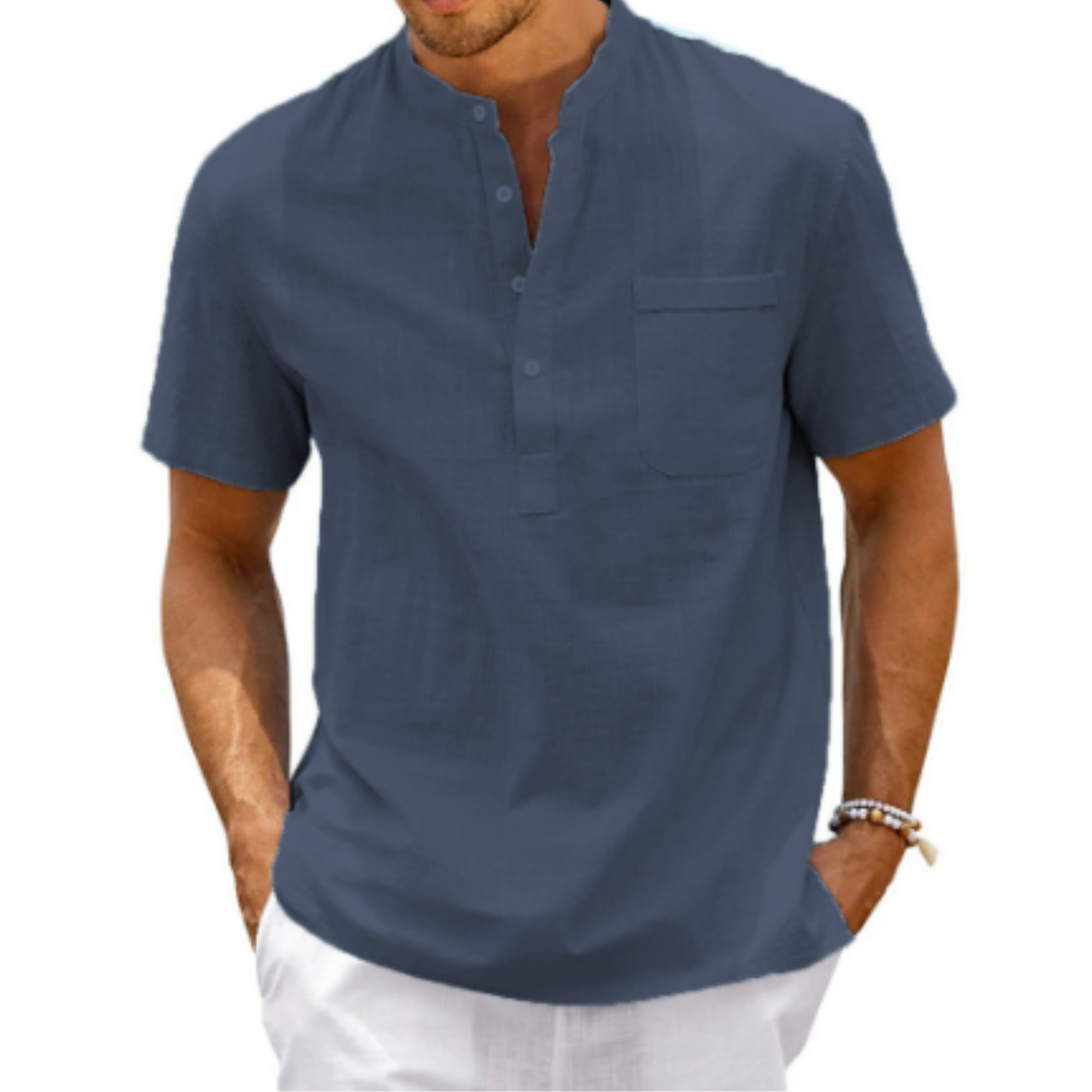 Marineblauwe blouse voor heren met V-hals