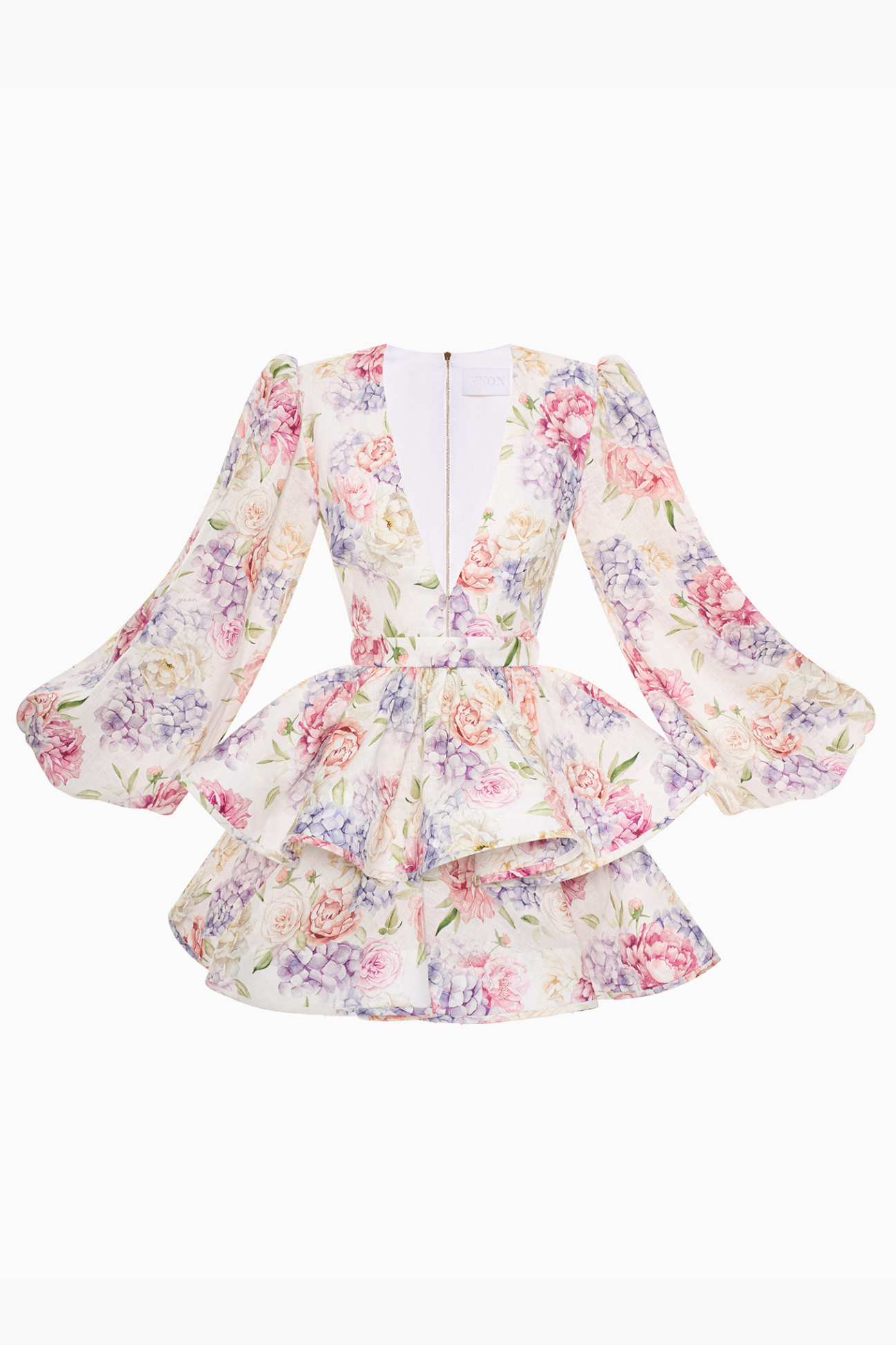 Elegante bloemenjurk voor dames met diepe V-hals, ballonmouwen en gelaagde rok in pastelkleuren – perfecte outfit voor bruiloft, garden party of chique zomerfeest