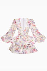 Elegante bloemenjurk voor dames met diepe V-hals, ballonmouwen en gelaagde rok in pastelkleuren – perfecte outfit voor bruiloft, garden party of chique zomerfeest