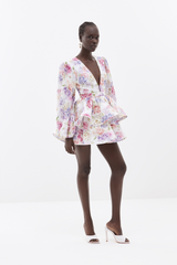 Elegante bloemenjurk voor dames met diepe V-hals, ballonmouwen en gelaagde rok in pastelkleuren – perfecte outfit voor bruiloft, garden party of chique zomerfeest
