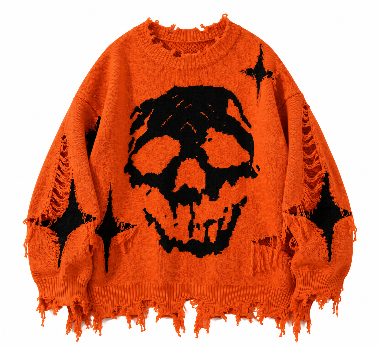 Oranger Skull-Pullover mit Distressed-Details