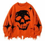 Oranger Skull-Pullover mit Distressed-Details