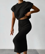 Rippstrick-Set Damen mit ärmellosem Top und Midirock im eleganten Look