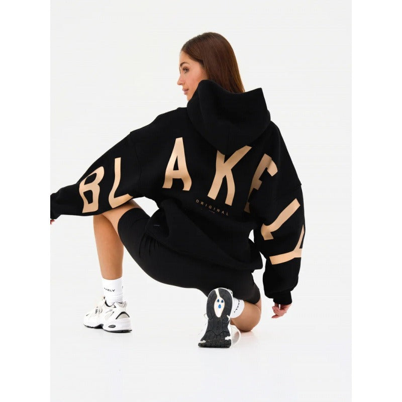 Blayen Oversized Sweatshirt Damen Schwarz mit großem Beigem Backprint – Talaine