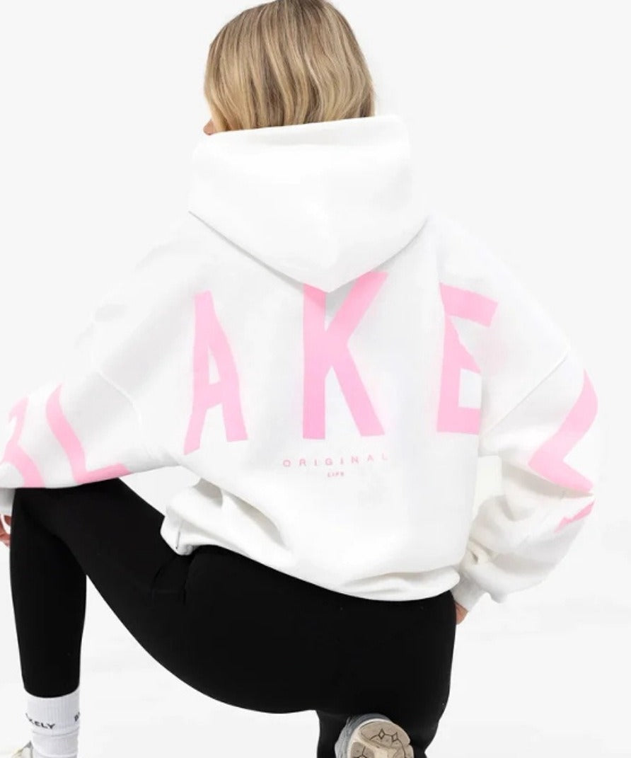Blayen Oversized Sweatshirt Damen Weiß mit großem Rosa Backprint – Talaine