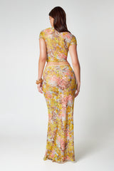 lace co-ord set, dames bloemenprint maxi rok en cropped top, stretch lace two-piece outfit, kleurrijke zomer co-ord set, semi-sheer bloemen lace set