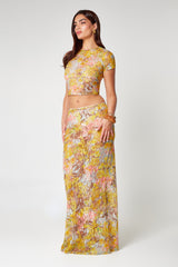lace co-ord set, dames bloemenprint maxi rok en cropped top, stretch lace two-piece outfit, kleurrijke zomer co-ord set, semi-sheer bloemen lace set