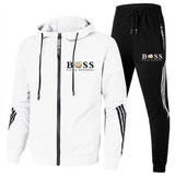 witte sportset met hoodie en broek met zwarte strepen voor heren