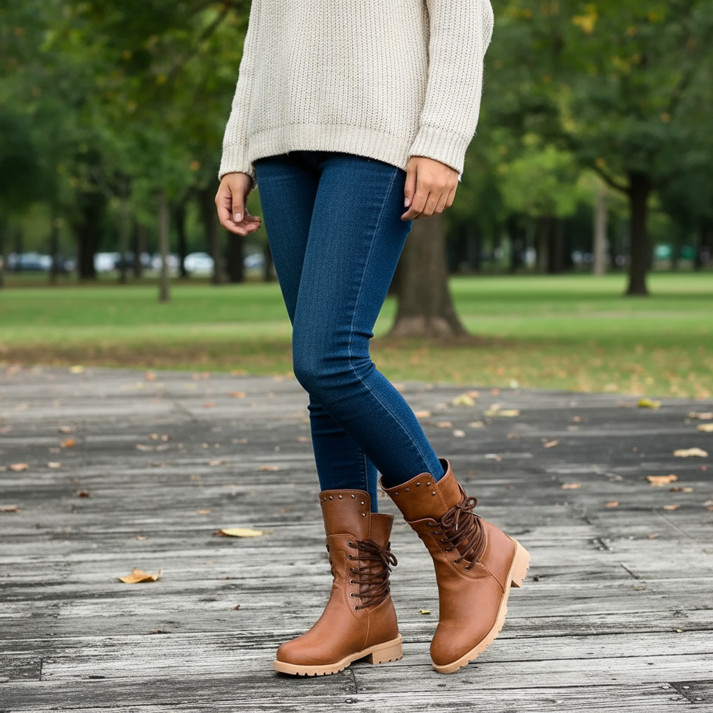 Cognacfarbene Schnürstiefel mit Nieten und Profilsohle für Damen
