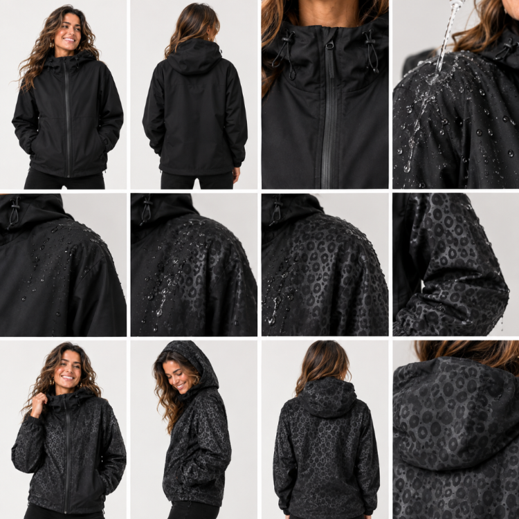 Schwarze Regenjacke Damen aus mehreren Perspektiven mit Kapuze und Leopardenmuster-Detail