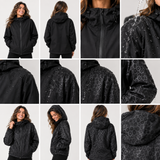 Schwarze Regenjacke Damen aus mehreren Perspektiven mit Kapuze und Leopardenmuster-Detail