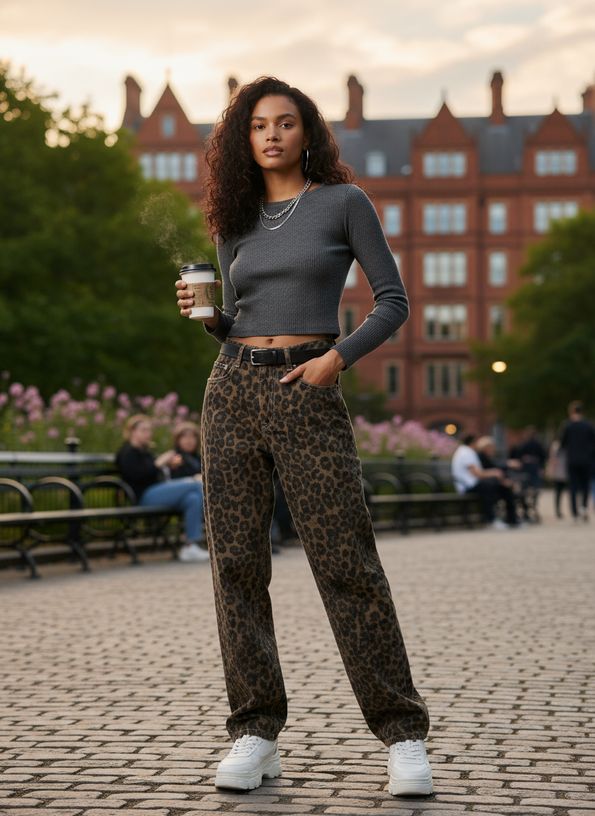 streetstyle frau mit leopard jeans high waist und grauem top im park