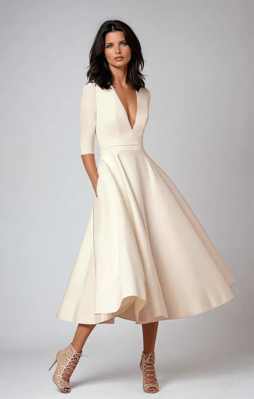 elegante midijurk met v-hals
