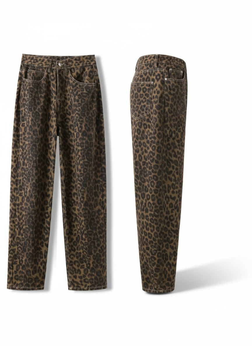 produktfoto vorne und hinten leopard jeans mit five-pocket design