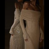 Noëlle Maxi Kleid in Beige Khaki schulterfrei elegant
