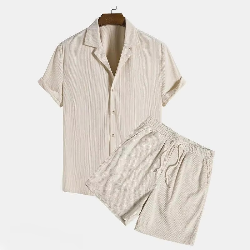 beige heren lounge set met overhemd en korte broek, linnenlook
