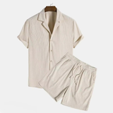 beige heren lounge set met overhemd en korte broek, linnenlook