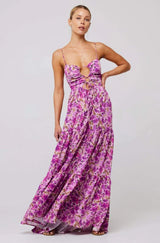 Strapless maxi jurk met paarse bloemenprint en geplooide details