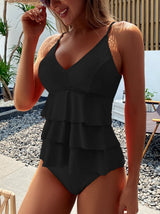Zwarte tankini met ruffle lagen – corrigerend en tijdloos ontwerp