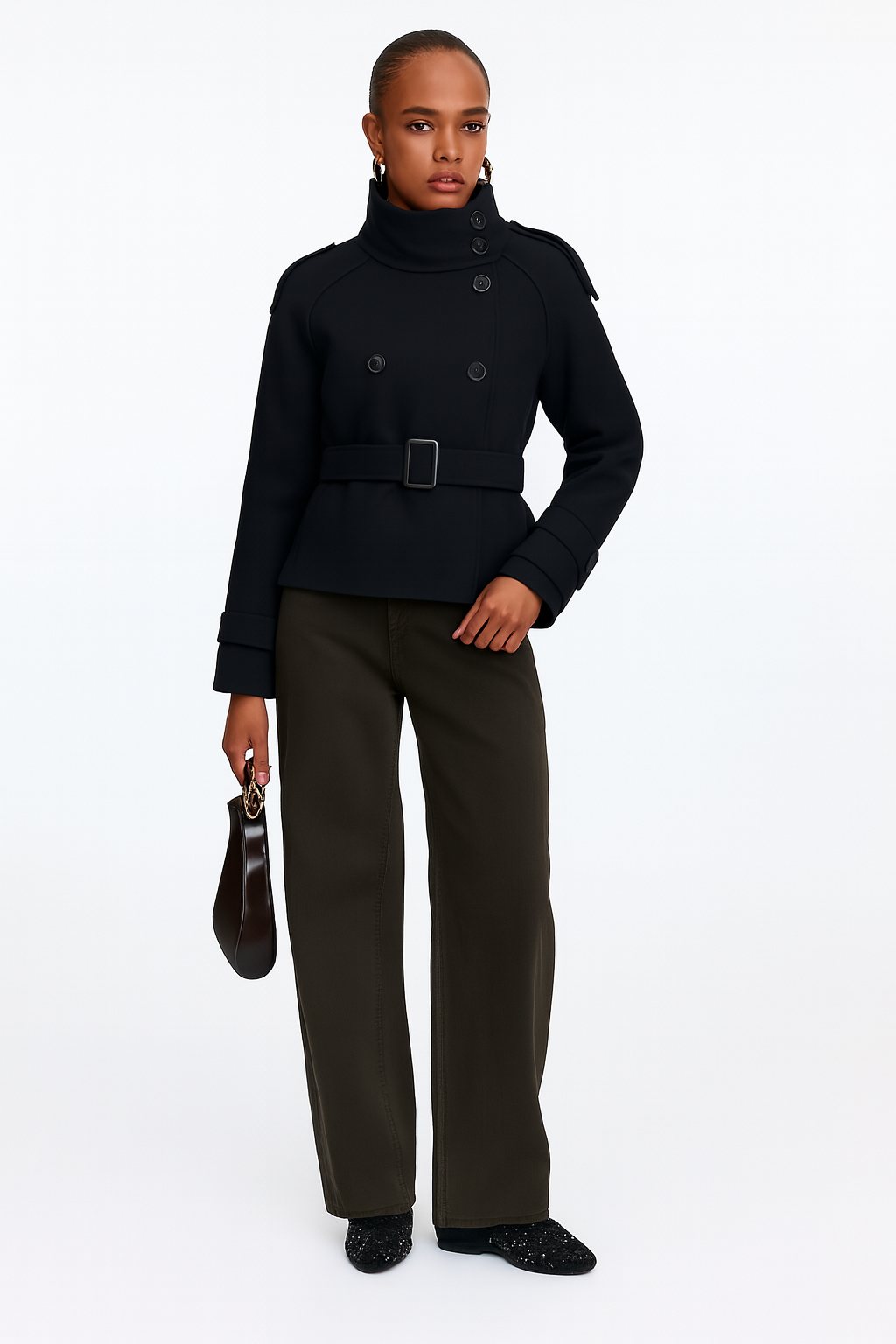 Maravine Cropped Trenchcoat Damen schwarz tailliert
