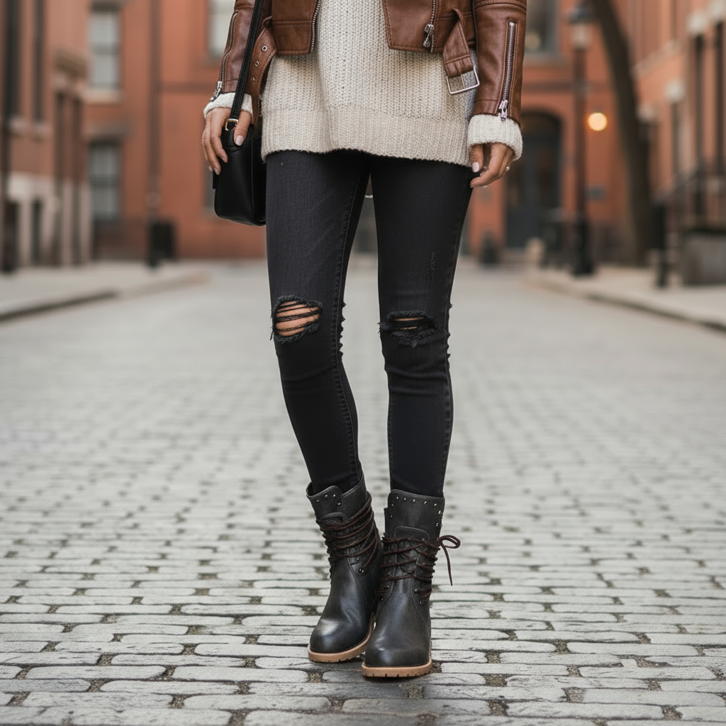 Schwarze Ravena Boots mit dicker Profilsohle und Schnürung
