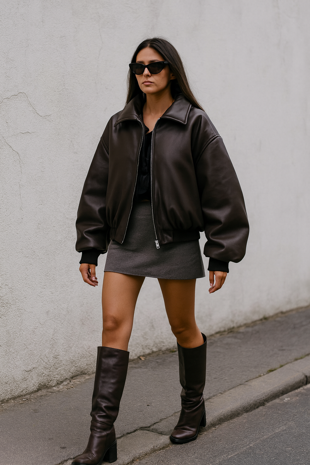 frau trägt braune oversized bomberjacke aus veganem leder mit reißverschluss