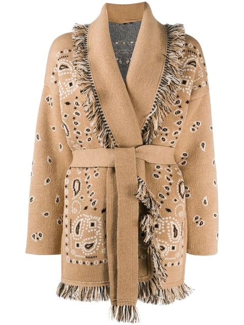 meliora bandana cardigan beige mit fransen und taillengürtel