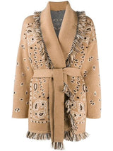 meliora bandana cardigan beige mit fransen und taillengürtel