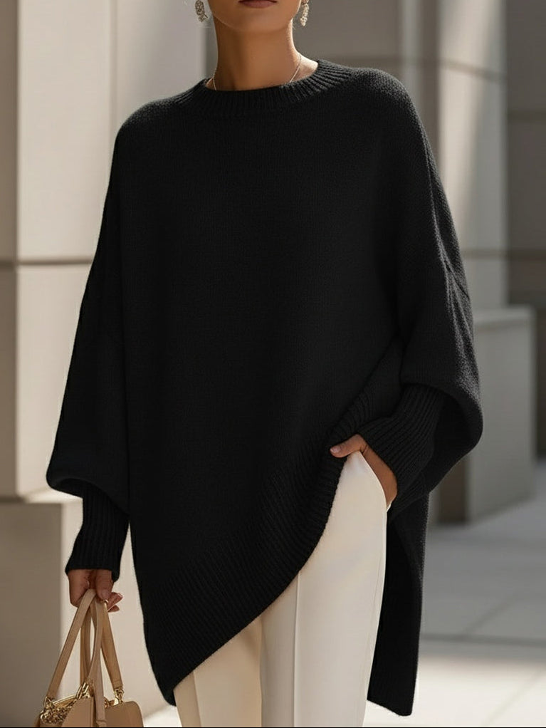 Damen Strickpullover mit Fledermausärmeln und rundem Rippkragen