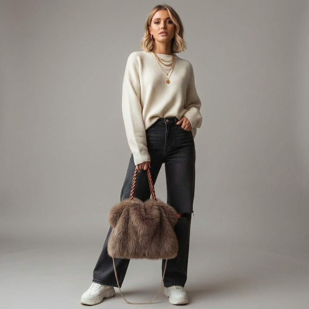 Fiora Fluff Bag | Luxuriöse Fluffy Handtasche mit Geflochtenem Henkel & Kette